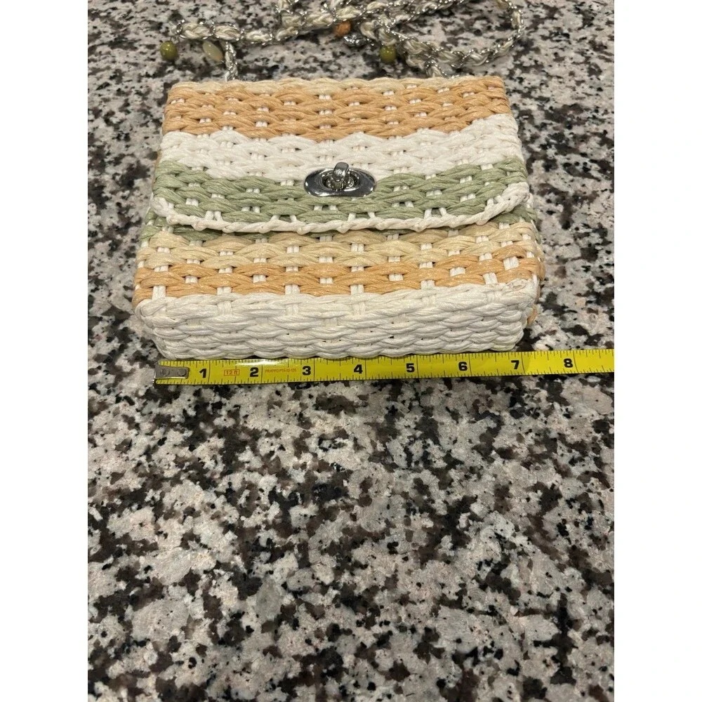 Cappelli Straworld Pastel Striped Woven Straw Raffia Crossbody Purse W/Charms